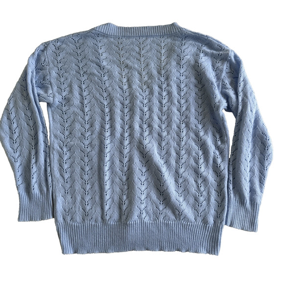 Light Blue Open Knit V-Neck Ribbed Hem Acrylic Sweater Top – Size Large - Picture 5 of 5